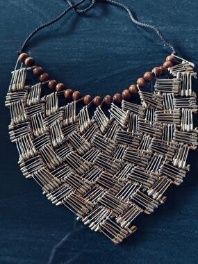 Palm Beach Artist Handmade Safety Pin Statement Bib Necklace Wood Beads